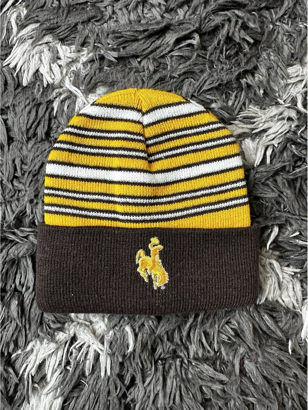 Wyoming Cowboys Knit Beanie Hat Brown Gold Striped Cuffed Winter Cap NCAA